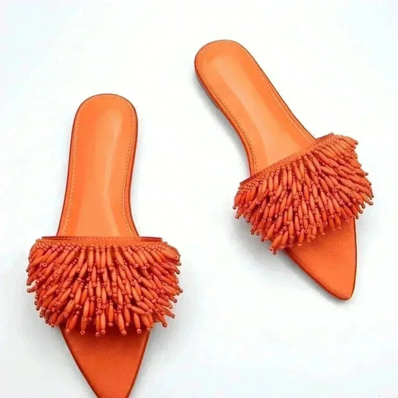 Orange Funky Women's Bead Embroidery Decorated Fabric Flat Comfortable Sandals - Picture 3 of 4